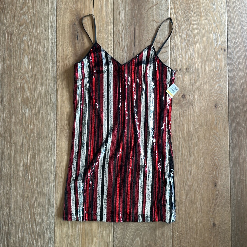 Bar lll Wild Luxe sequin dress, red, black, silver, medium, polyester